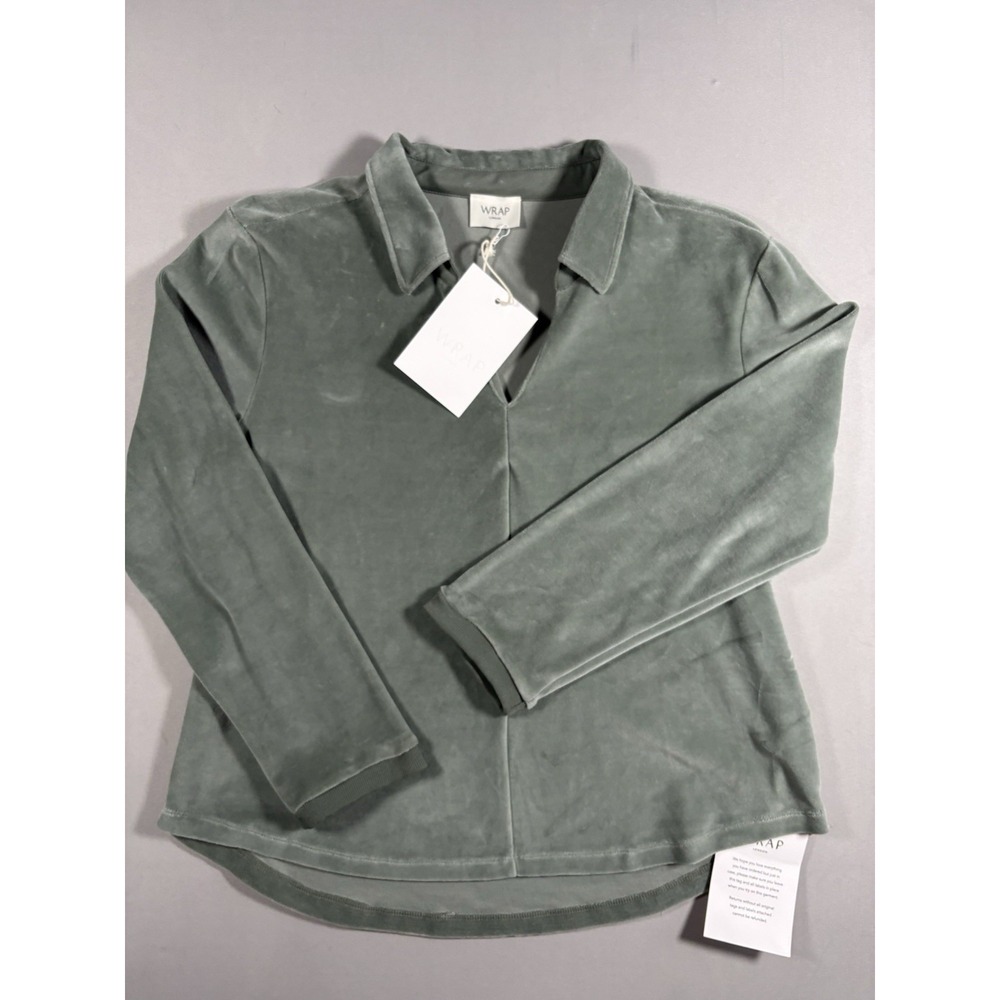 Wrap London NWT Women's Velour V Neck Collared Pullover Long Sleeve Top Green,10
